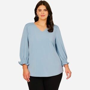 NEW NWT Adrianna Papell Soft Blue V-Neck Smocked Shoulder Blouse Top 3X